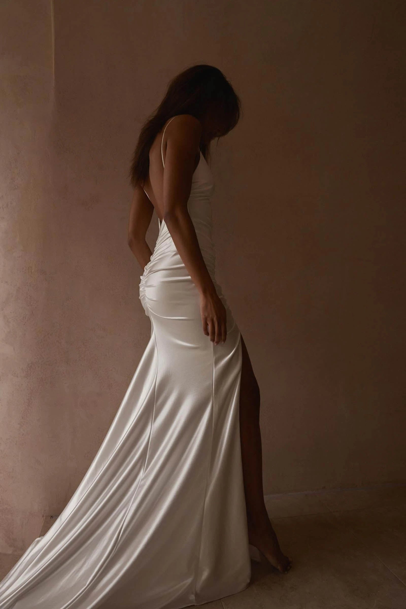 Elegant Sheath V-Neck Sleeveless Ruched Slit White Floor-Length Wedding Gown