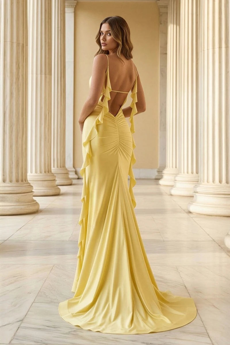 Elegant Sheath V-Neck Sleeveless Ruffle Slit Yellow Maxi Prom Dresses Women