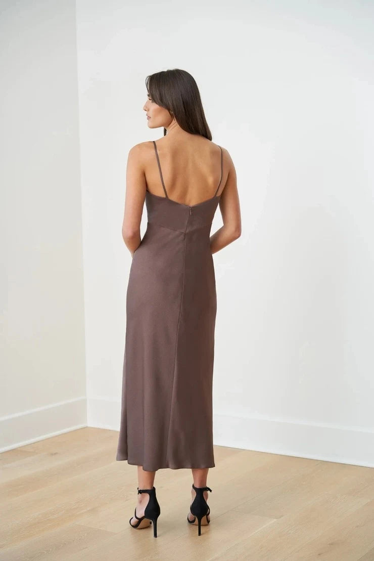 Elegant Sheath V-Neck Sleeveless Strappy Slip Mocha Midi Prom Dress Women's