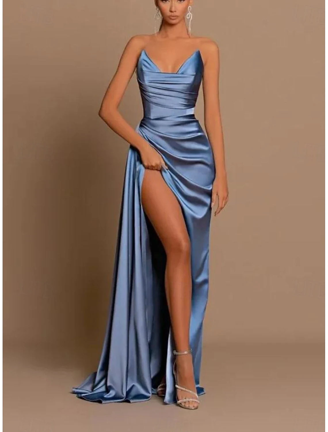 Elegant Slim-Fit Cowl Neck Sleeveless Ruched High Slit Dusty Blue Prom Gown