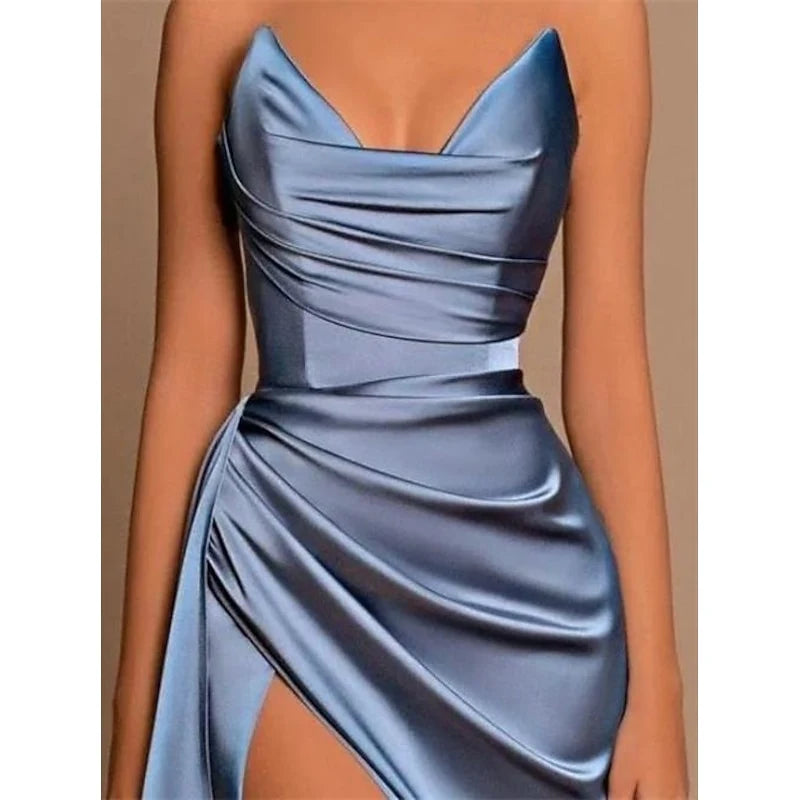 Elegant Slim-Fit Cowl Neck Sleeveless Ruched High Slit Dusty Blue Prom Gown