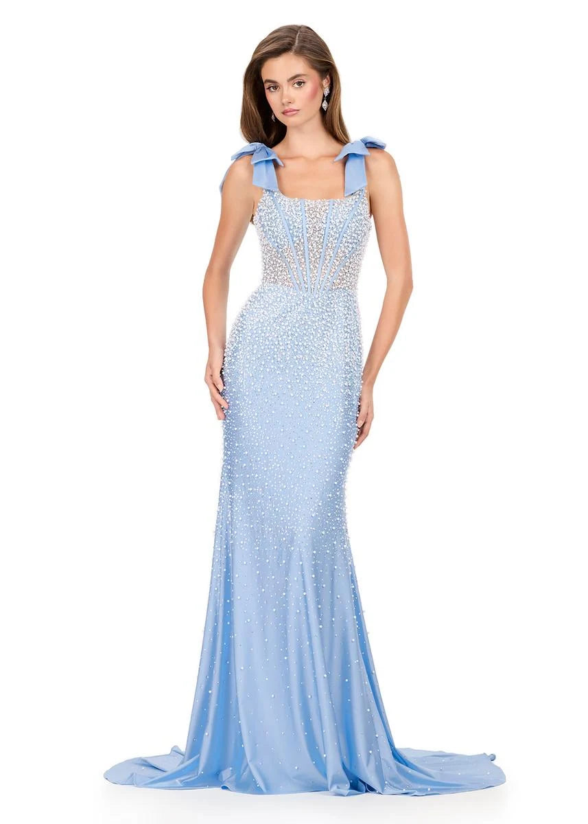 Elegant Sparkling Beaded Mermaid Square Neck Sleeveless Light Blue Floor-Length Prom Gown