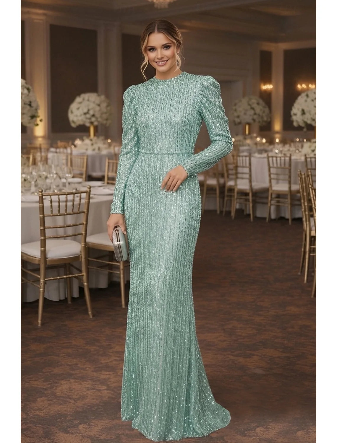 Elegant Sparkling Puffed Long Sleeve Round Neck Mermaid Mint Green Floor-Length Prom Gown