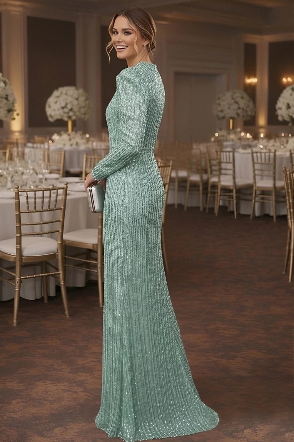 Elegant Sparkling Puffed Long Sleeve Round Neck Mermaid Mint Green Floor-Length Prom Gown