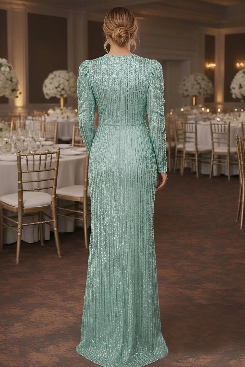 Elegant Sparkling Puffed Long Sleeve Round Neck Mermaid Mint Green Floor-Length Prom Gown