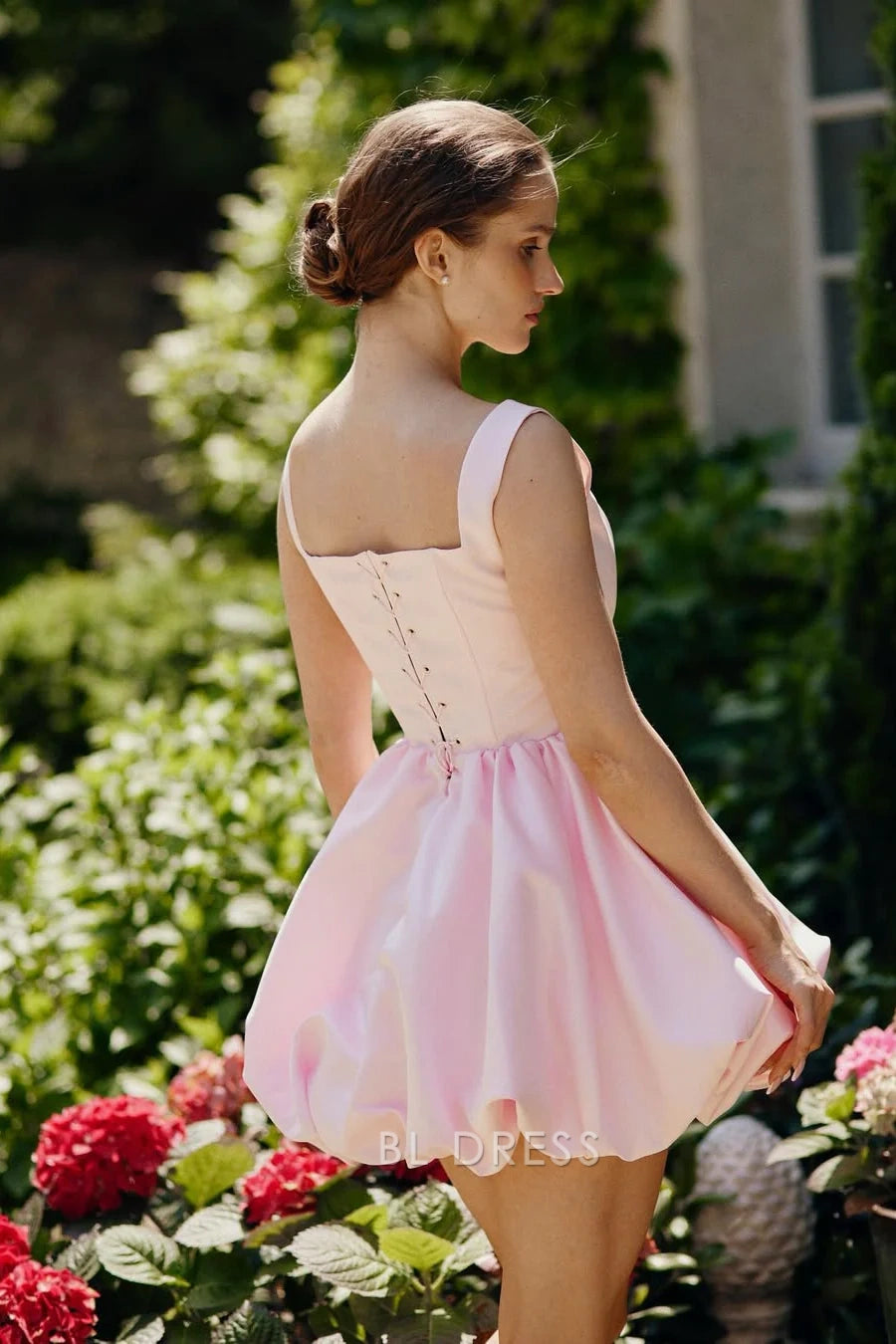 Elegant Square Neck Sleeveless Corset Rose Pink Mini Bubble Homecoming Dress