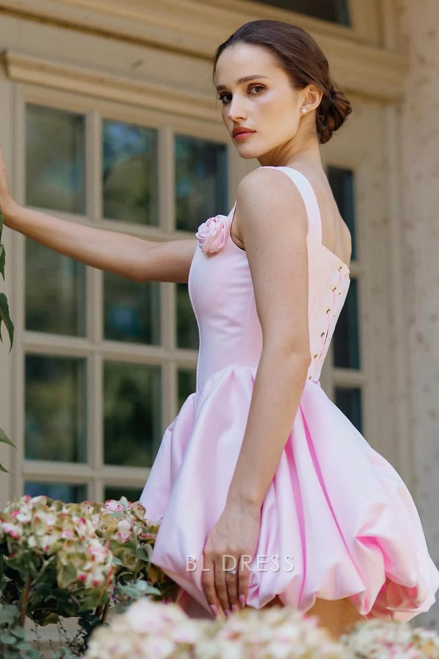 Elegant Square Neck Sleeveless Corset Rose Pink Mini Bubble Homecoming Dress