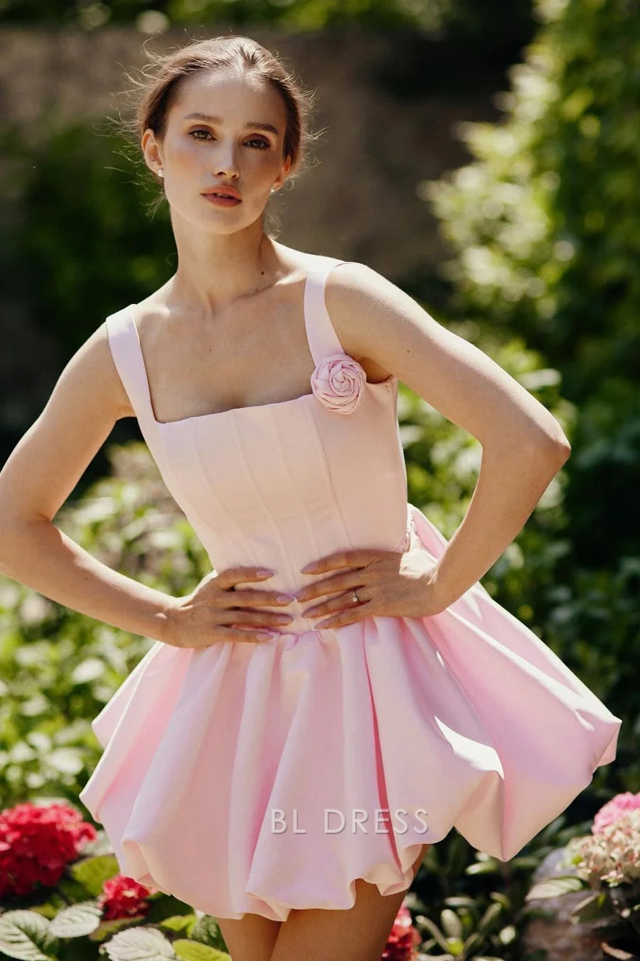 Elegant Square Neck Sleeveless Corset Rose Pink Mini Bubble Homecoming Dress