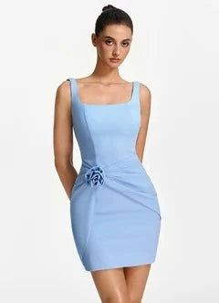 Elegant Square Neck Sleeveless Ruched Mini Light Blue Homecoming Dress Women's