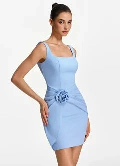 Elegant Square Neck Sleeveless Ruched Mini Light Blue Homecoming Dress Women's