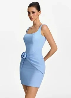 Elegant Square Neck Sleeveless Ruched Mini Light Blue Homecoming Dress Women's