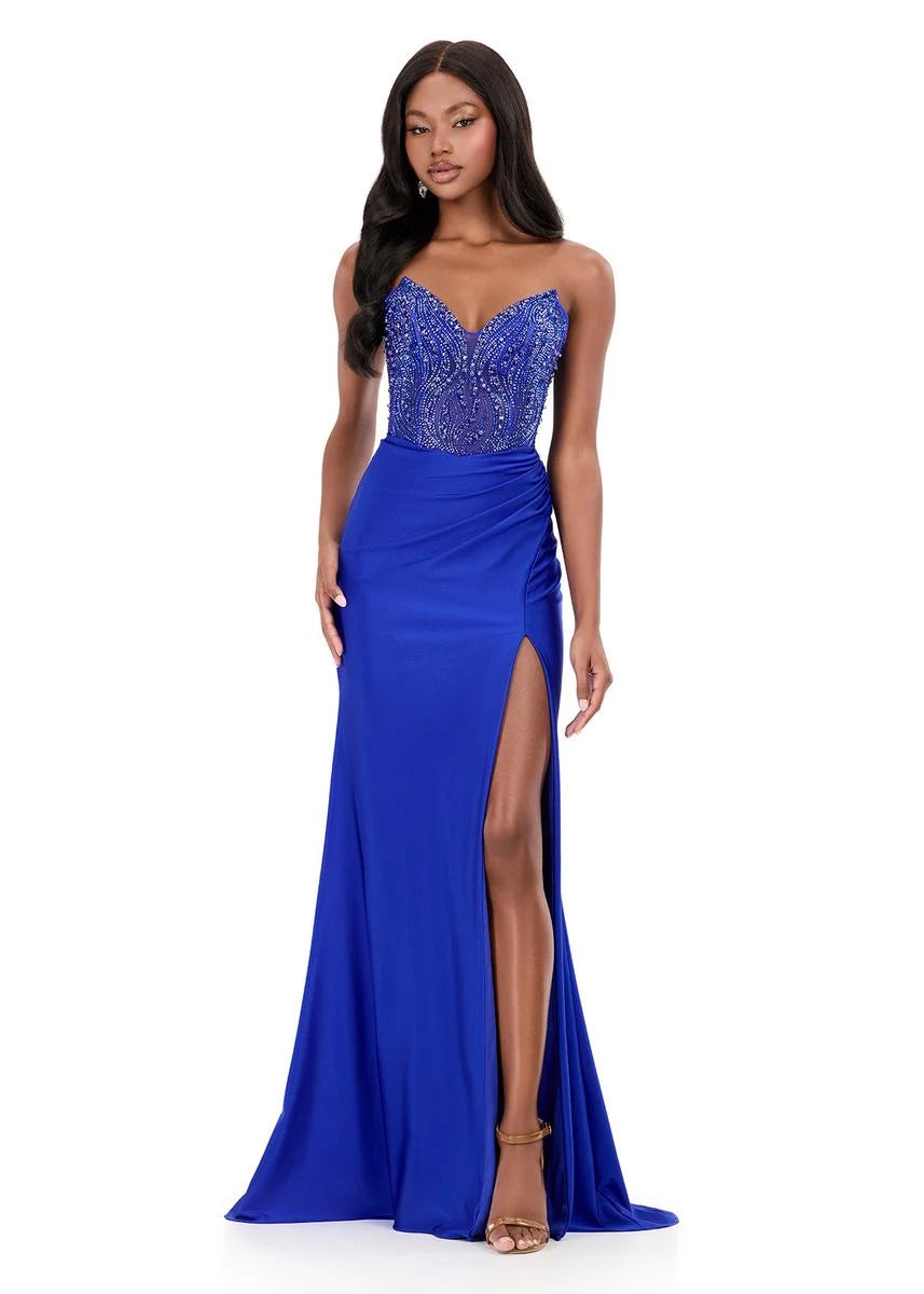 Elegant Strapless A-Line Beaded Slit Royal Blue Floor-Length Prom Gown