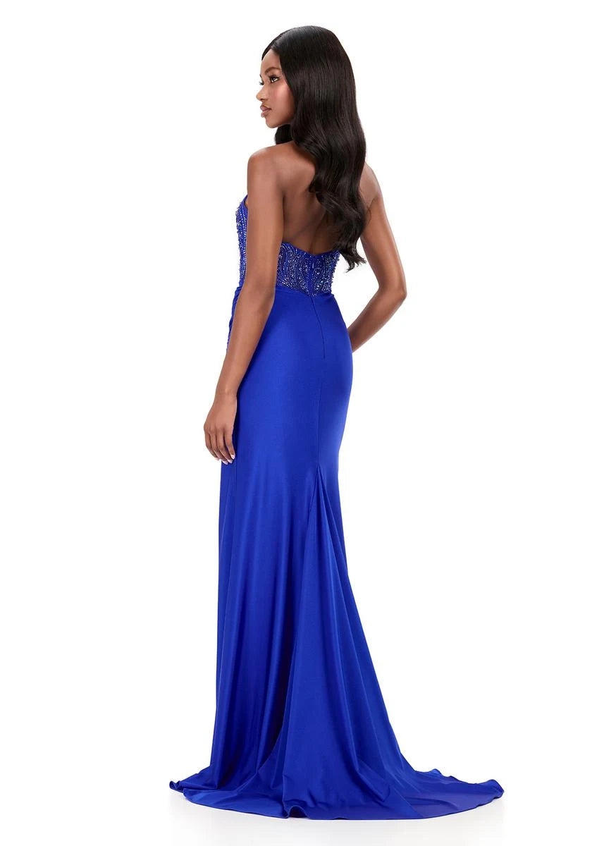 Elegant Strapless A-Line Beaded Slit Royal Blue Floor-Length Prom Gown
