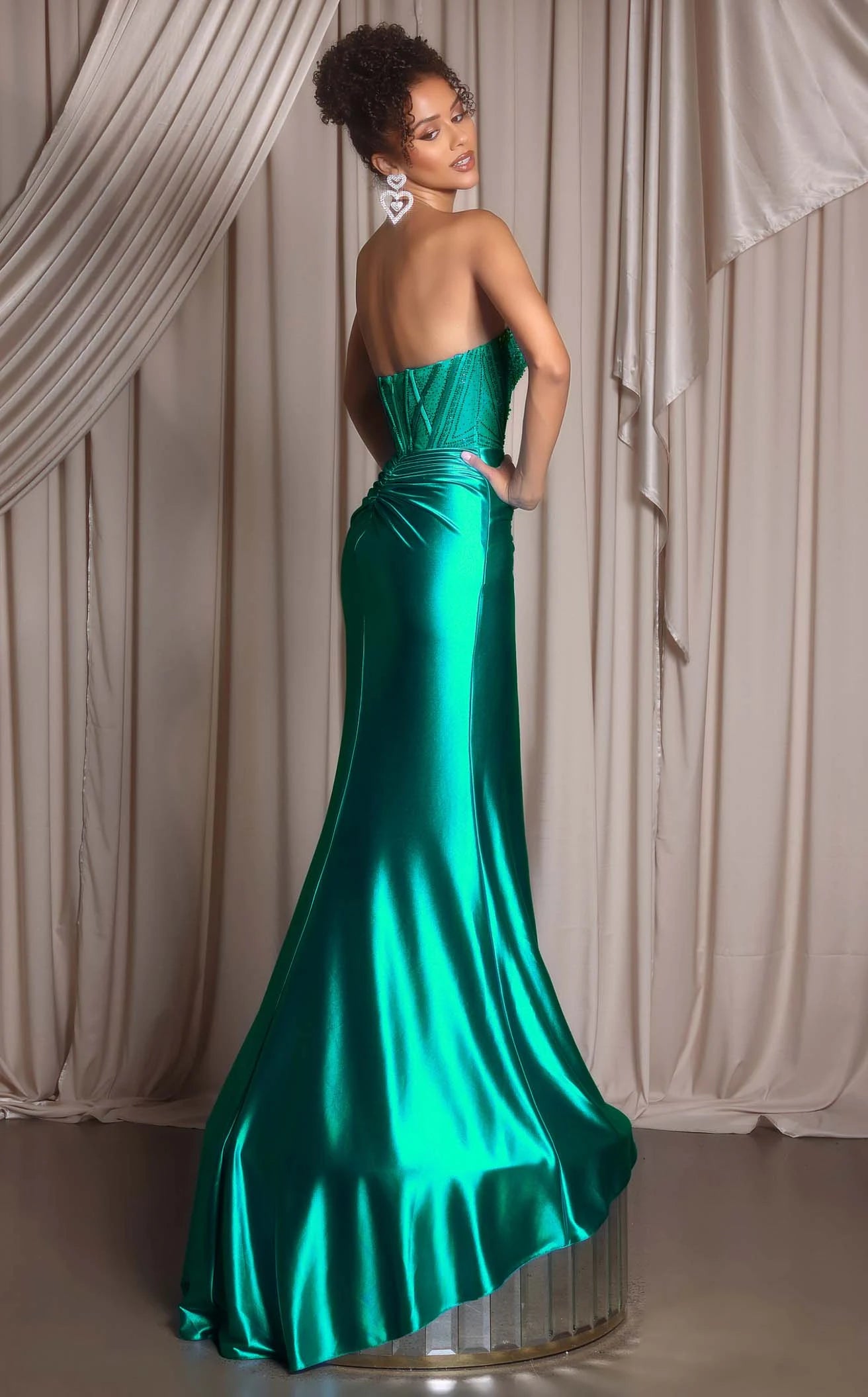 Elegant Strapless A-Line High Slit Corset Emerald Green Floor-Length Women's Prom Gown