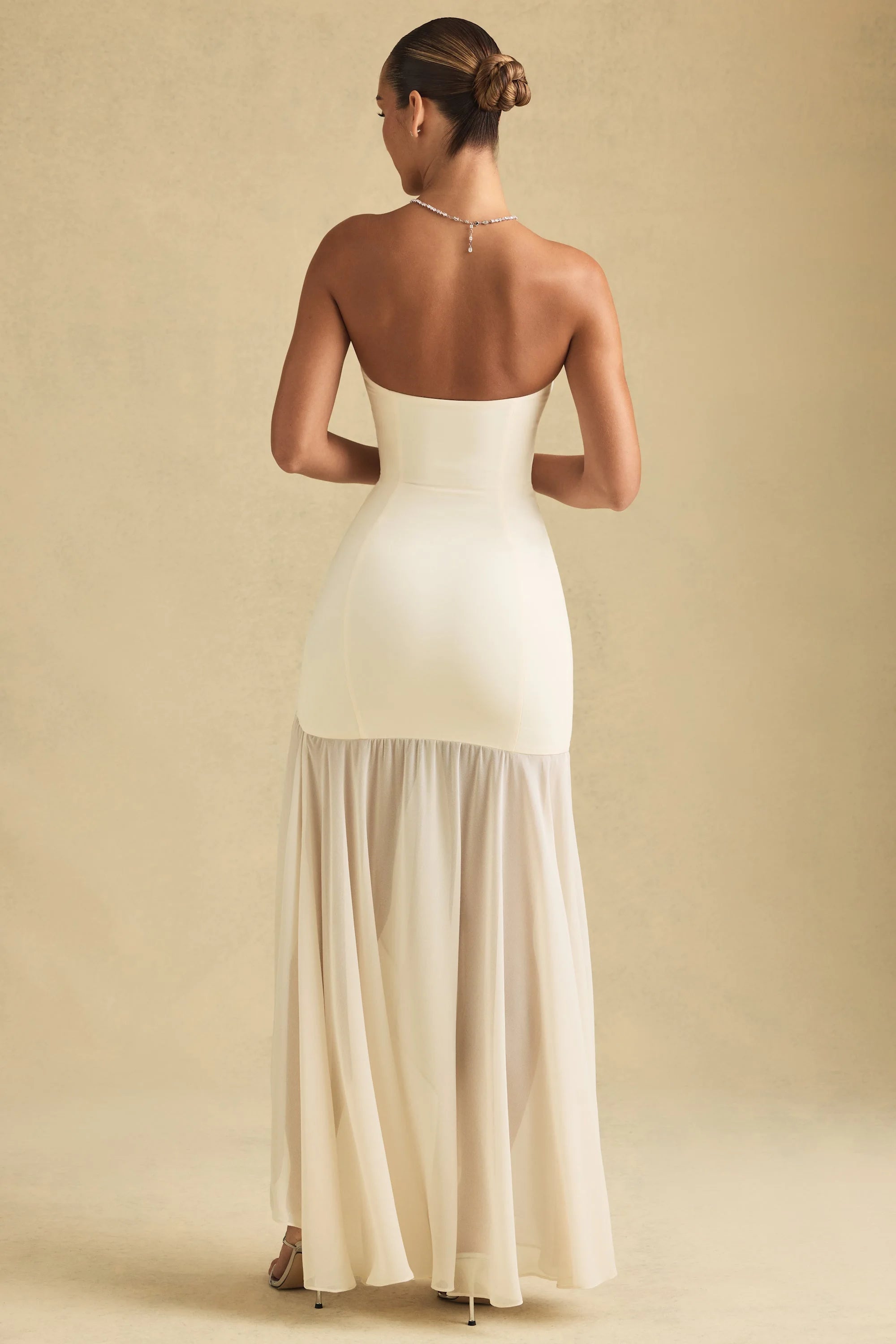 Elegant Strapless Bodycon High Slit Cream Floor-Length Prom Dresses Gown