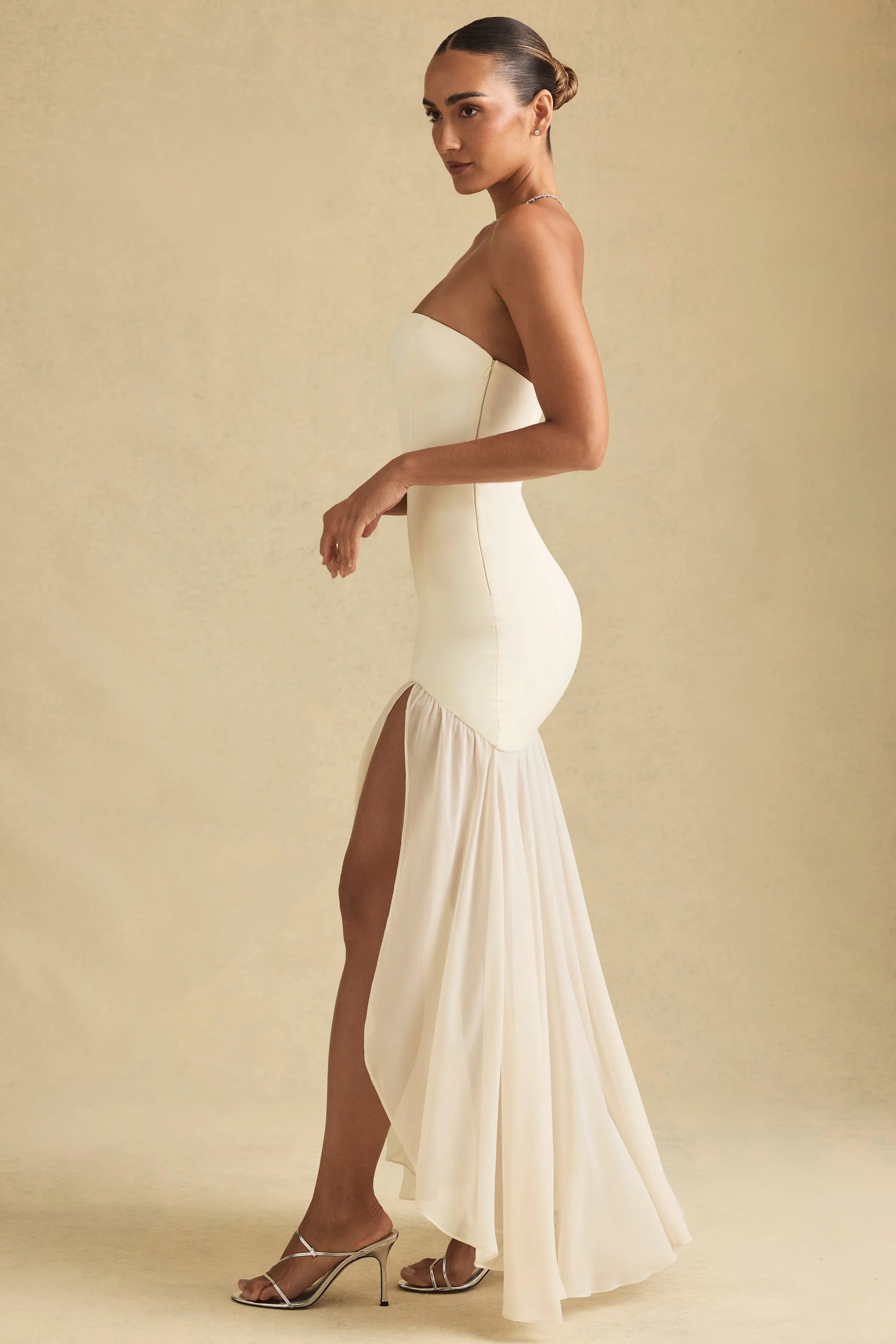 Elegant Strapless Bodycon High Slit Cream Floor-Length Prom Dresses Gown