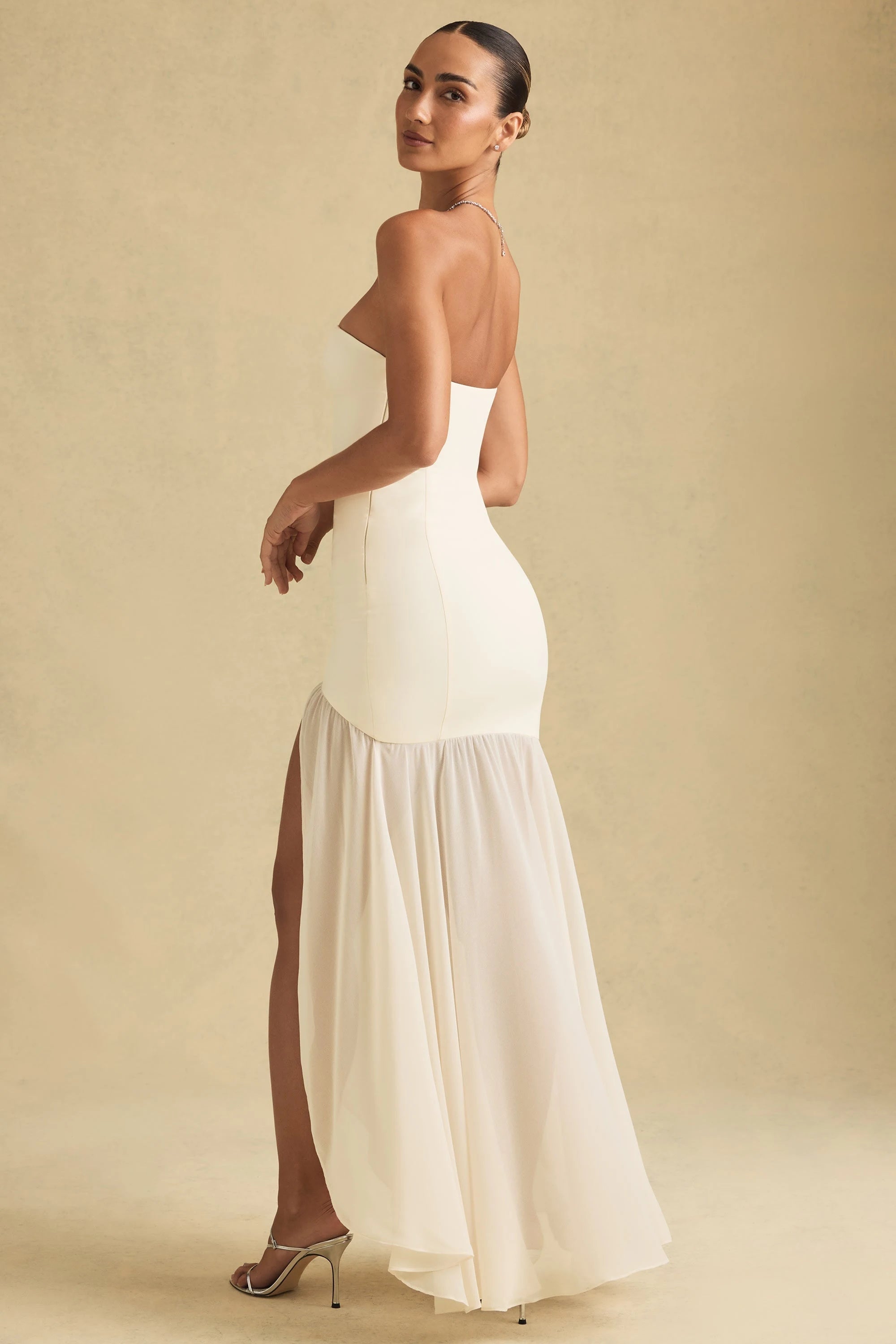 Elegant Strapless Bodycon High Slit Cream Floor-Length Prom Dresses Gown
