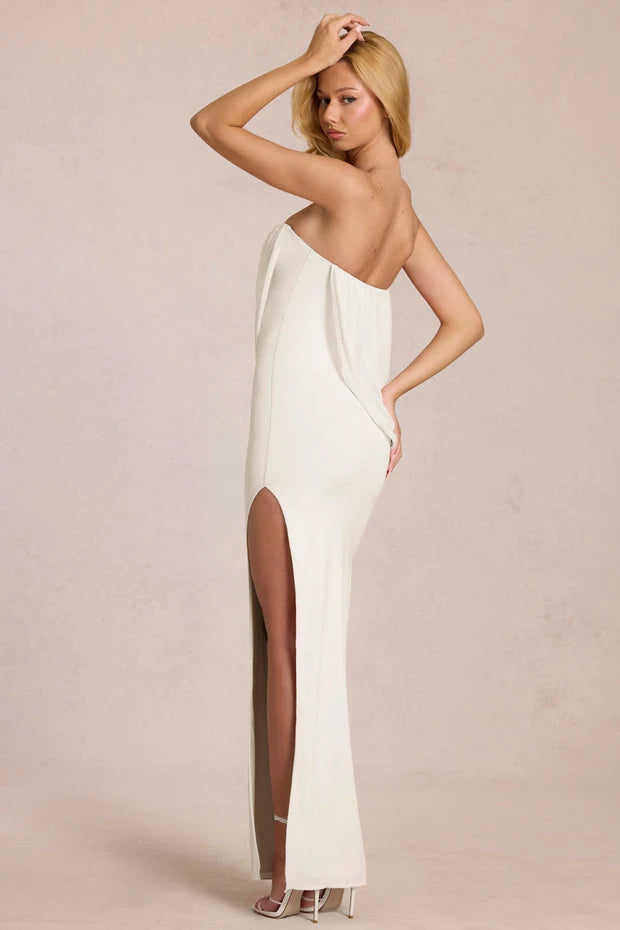 Elegant Strapless Draped High Slit Ivory Floor-Length Prom Dress Women's Gown