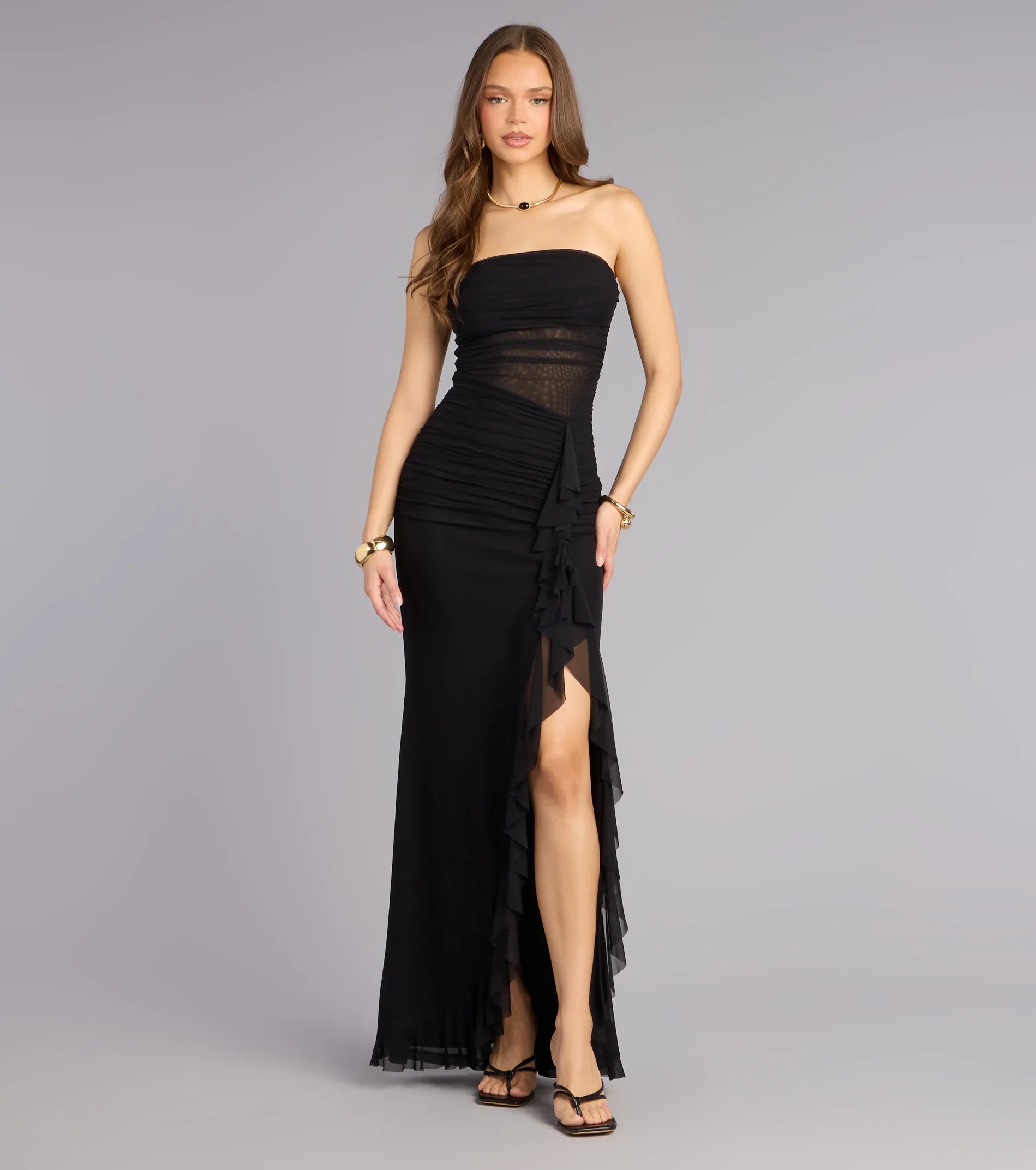 Elegant Strapless Ruched Slit Black Floor-Length Prom Dresses Women's