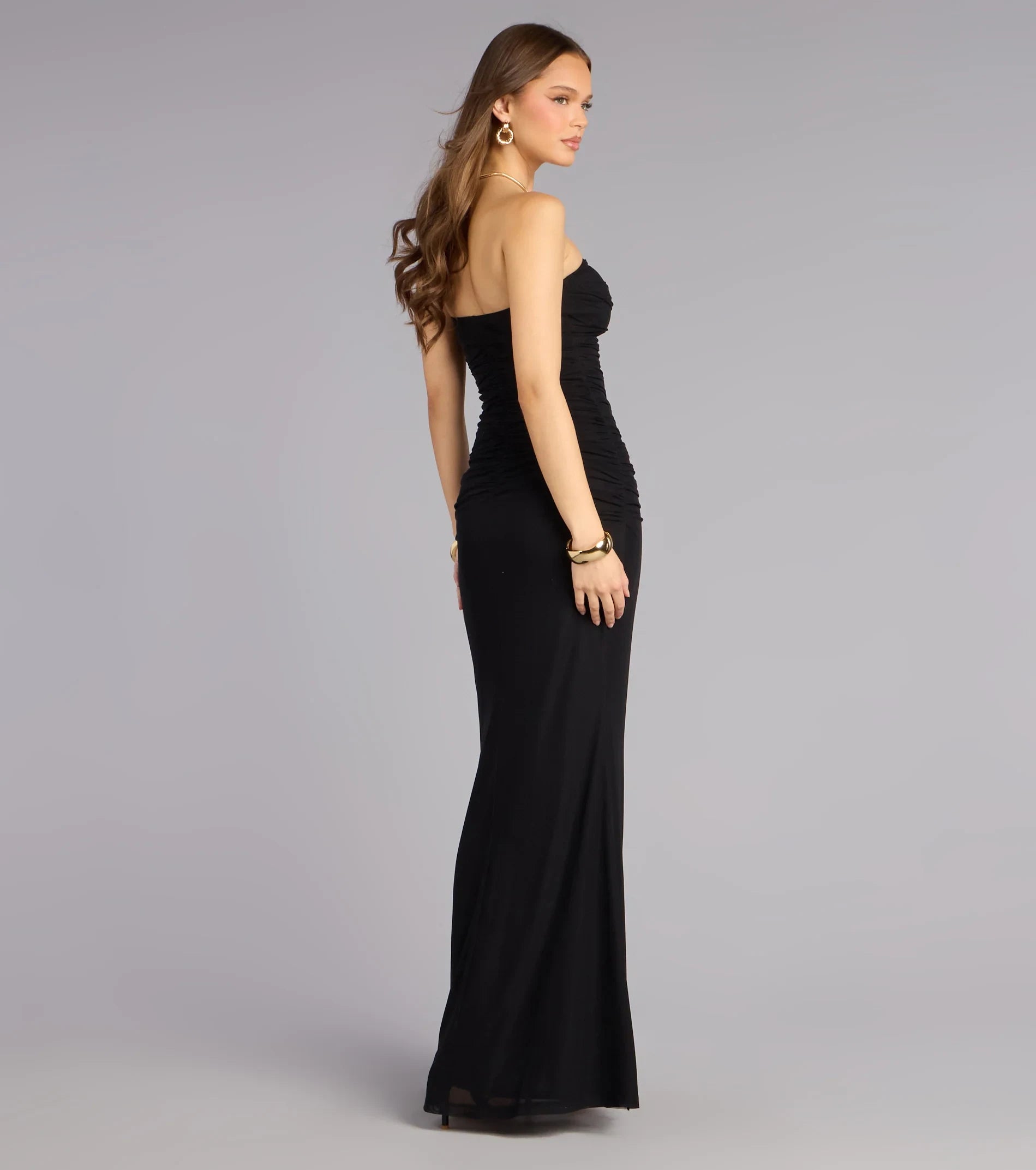 Elegant Strapless Ruched Slit Black Floor-Length Prom Dresses Women's