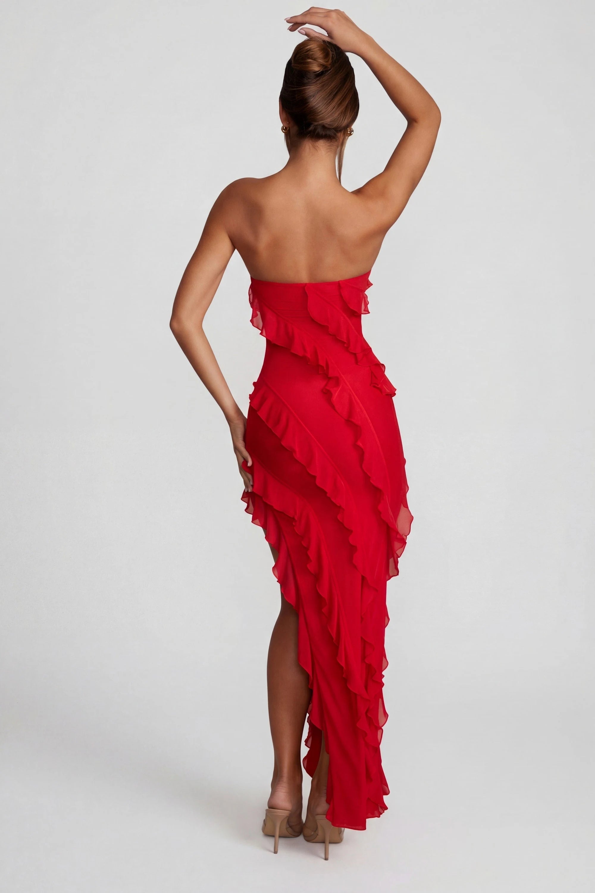 Elegant Strapless Ruffled High-Slit Red Asymmetrical Prom Gown For Women