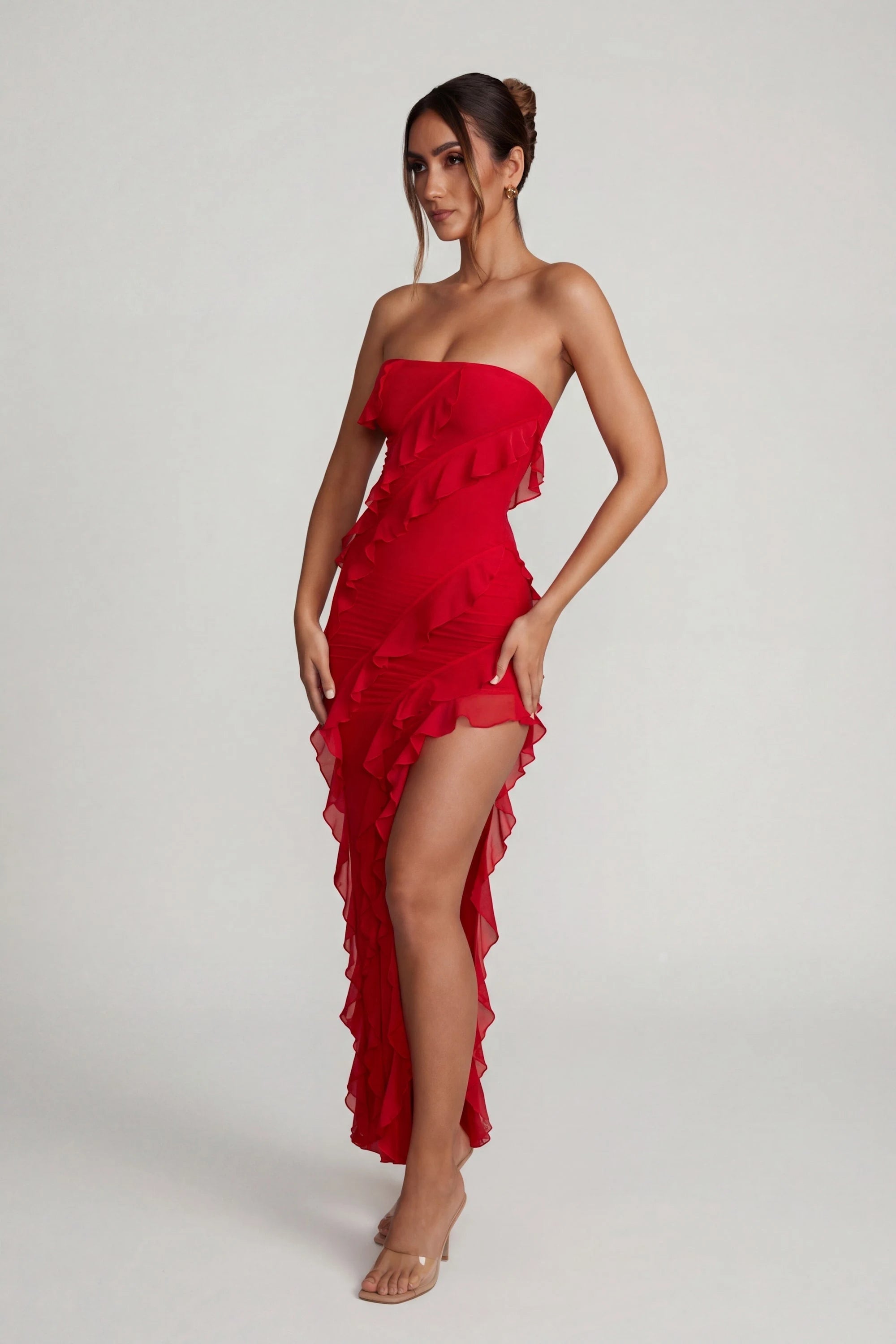 Elegant Strapless Ruffled High-Slit Red Asymmetrical Prom Gown For Women