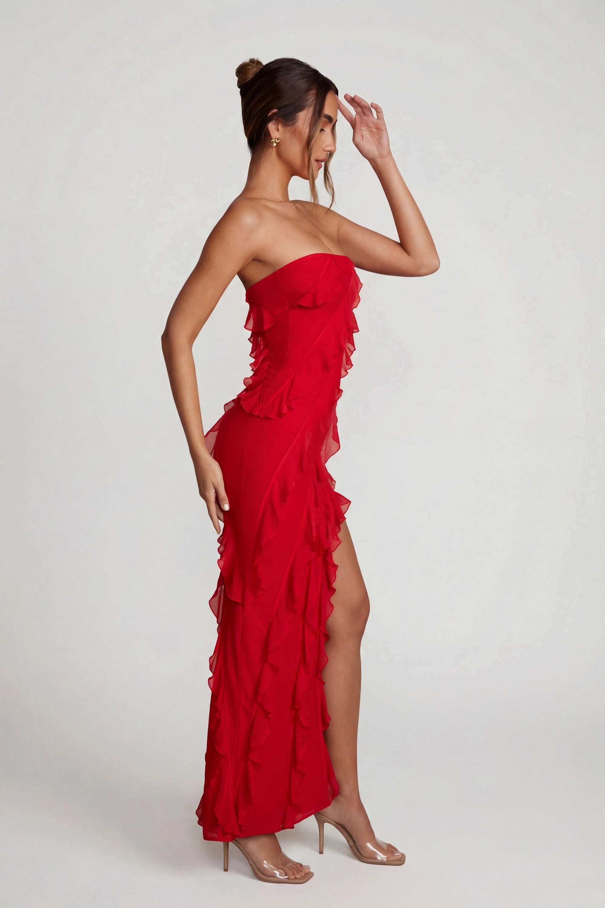 Elegant Strapless Ruffled High-Slit Red Asymmetrical Prom Gown For Women