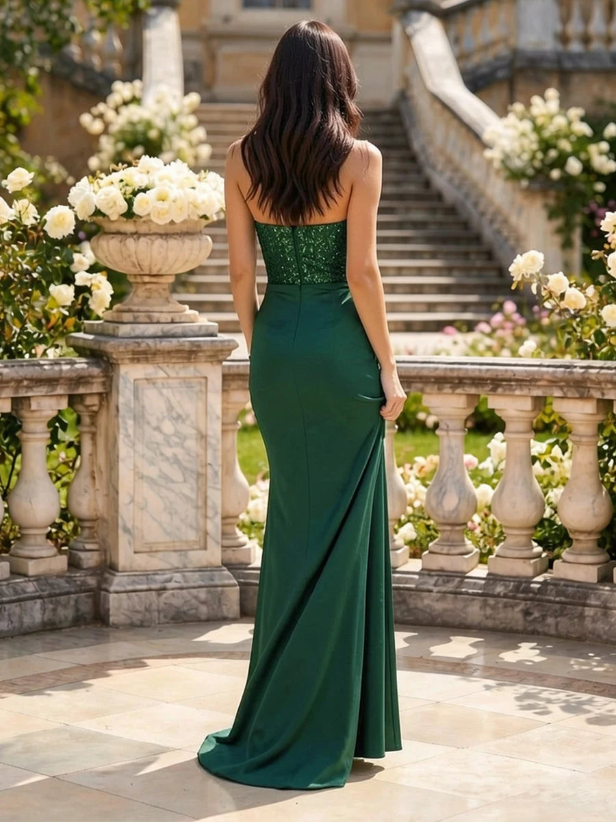 Elegant Strapless Sequin Slit Emerald Green Floor-Length Prom Dress Gown