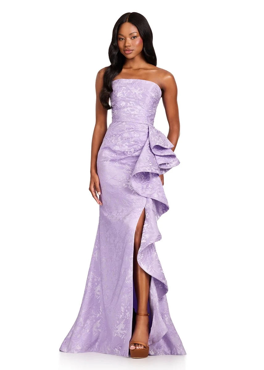Elegant Strapless Sheath Ruffled Slit Jacquard Lavender Floor-Length Prom Dresses Gown