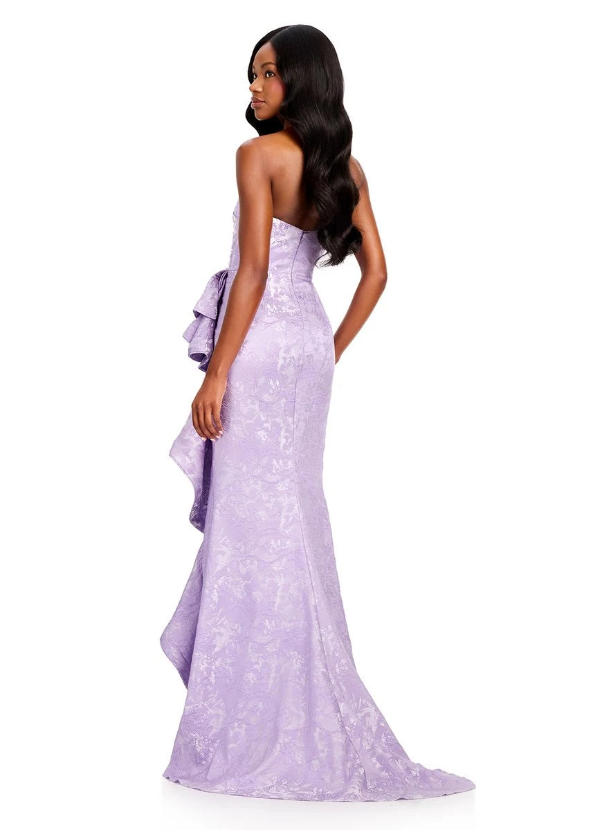 Elegant Strapless Sheath Ruffled Slit Jacquard Lavender Floor-Length Prom Dresses Gown
