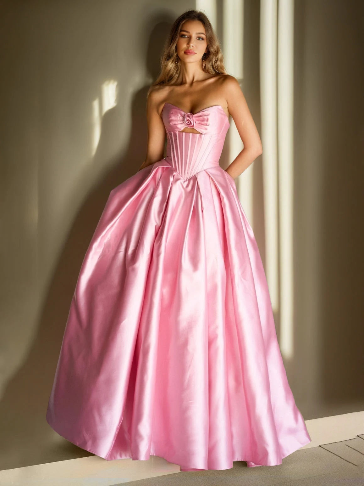 Elegant Strapless Sweetheart Corset Bow Pink Floor-Length Prom Gown