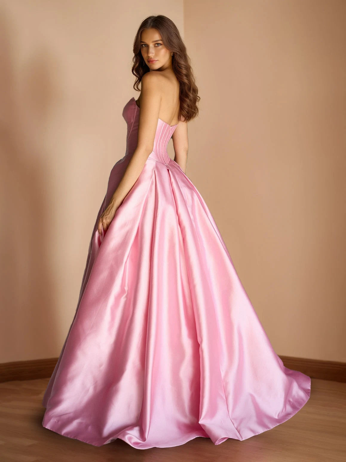 Elegant Strapless Sweetheart Corset Bow Pink Floor-Length Prom Gown