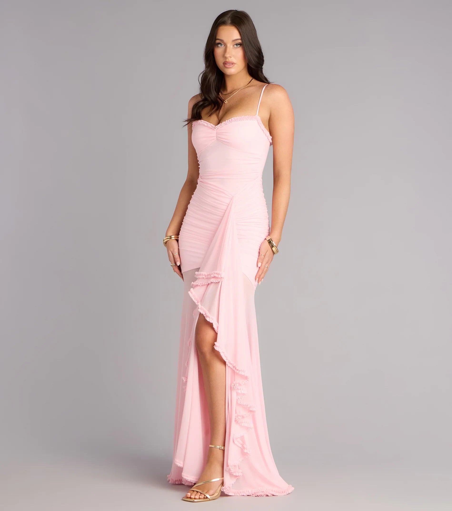 Elegant Sweetheart Sleeveless Ruched Ruffled Pink Floor-Length Prom Dresses Gown