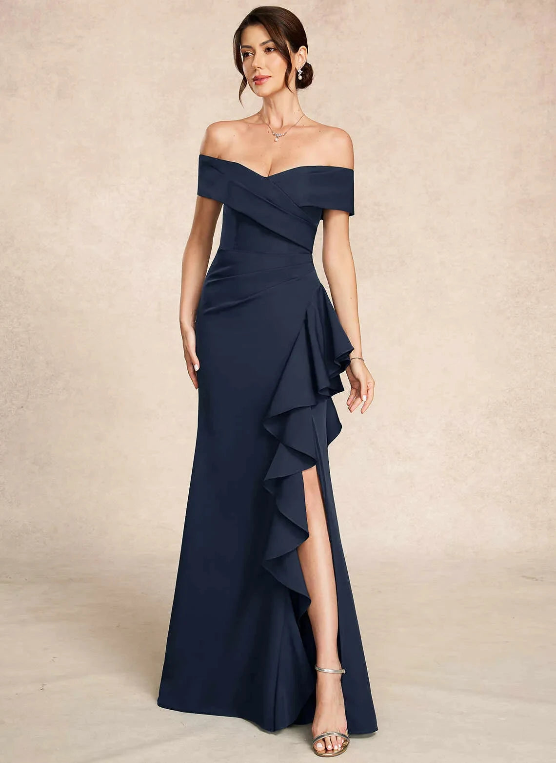 Elegant Trumpet Off-Shoulder Sleeveless Ruffle Navy Mother Of The Bride Dress