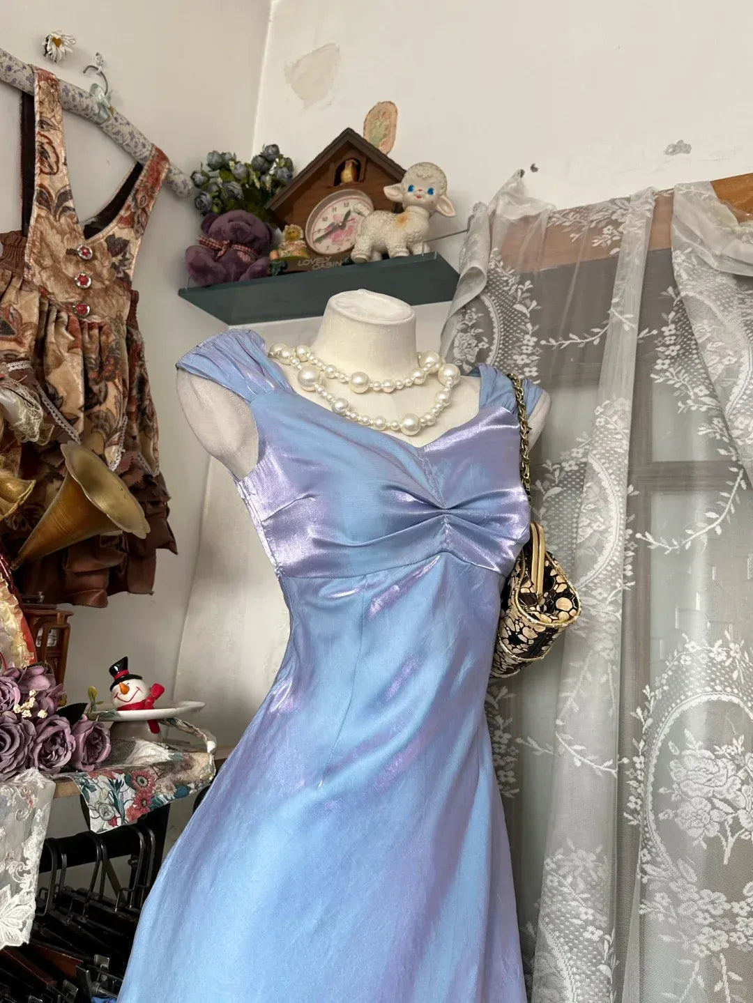 Elegant Trumpet Sweetheart Cap Sleeve Ruched Iridescent Blue Midi Women's Homecoming Gown