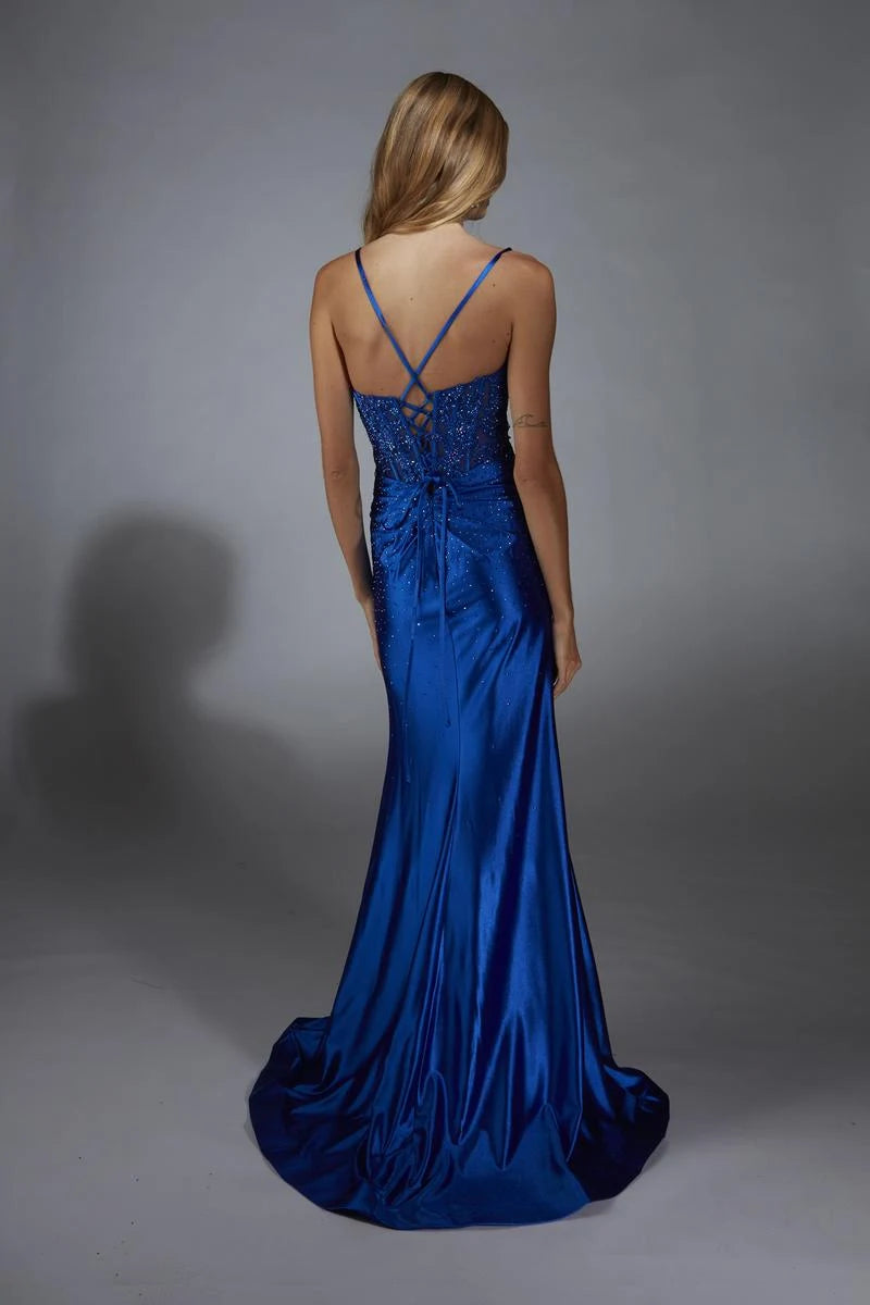 Elegant Trumpet Sweetheart Sleeveless Beaded Slit Royal Blue Floor-Length Prom Gown