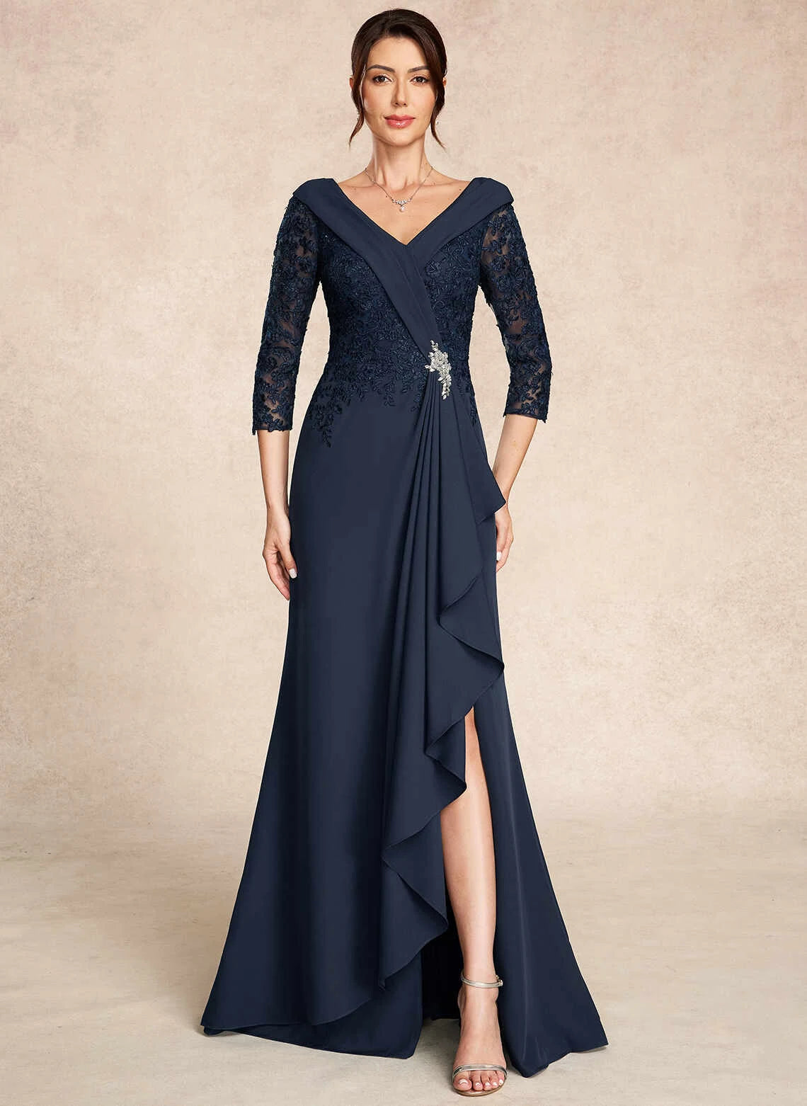 Elegant Trumpet V-Neck Sleeved Ruffled Slit Navy Maxi Mother-of-the-Bride Dress