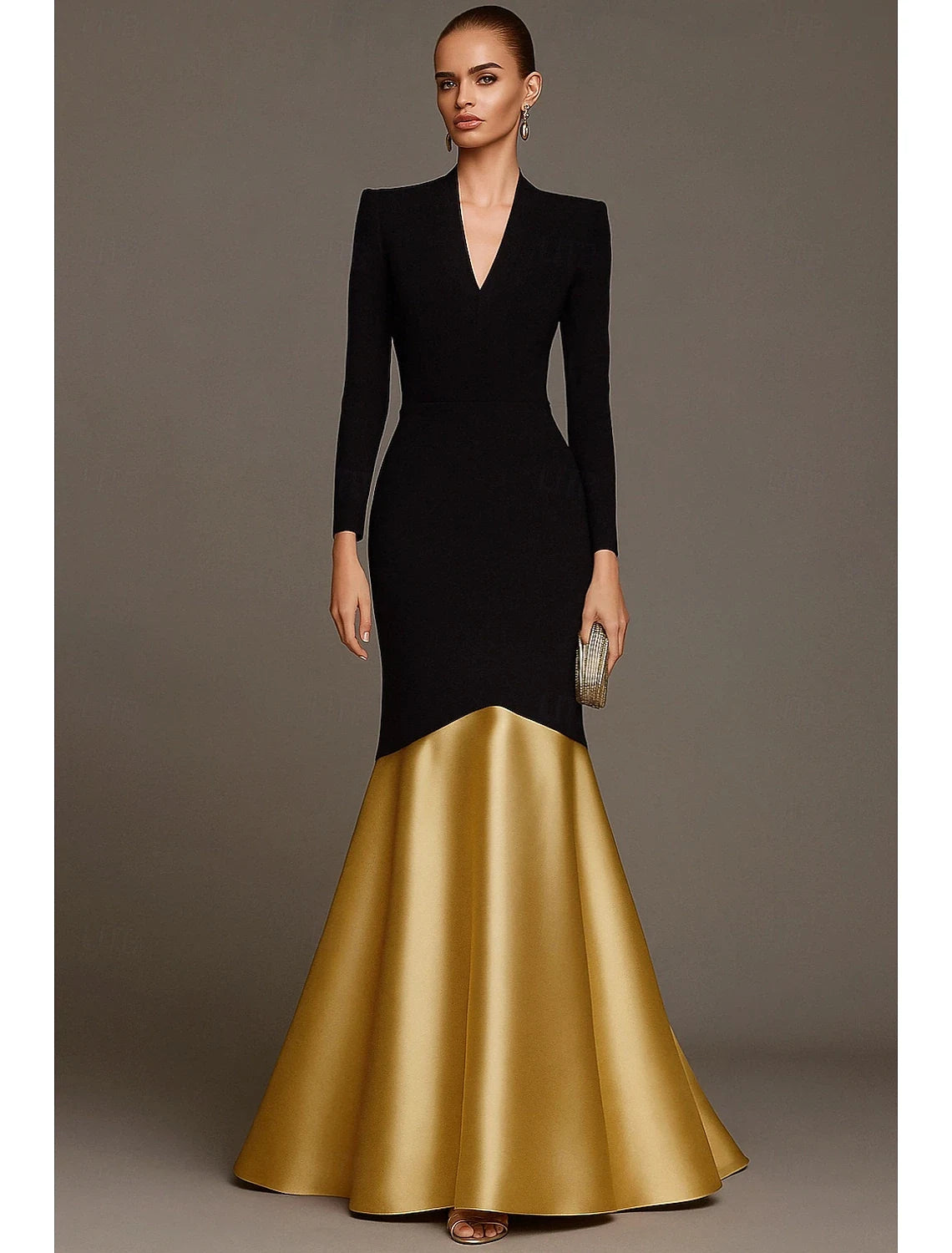 Elegant Two-Tone Mermaid V-Neck Long Sleeve Black Gold Floor-Length Evening Gown