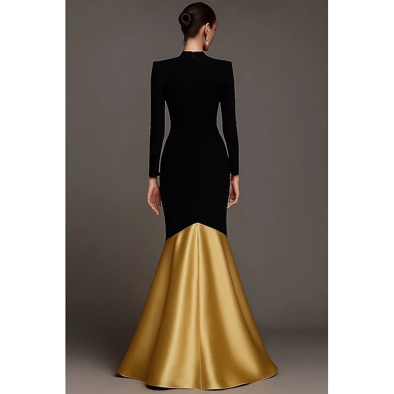 Elegant Two-Tone Mermaid V-Neck Long Sleeve Black Gold Floor-Length Evening Gown