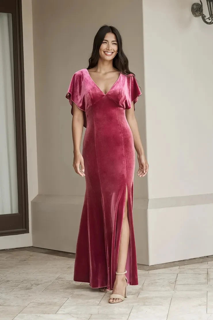 Elegant V-Neck Flutter Sleeve High Slit Rose Pink A-Line Prom Gown