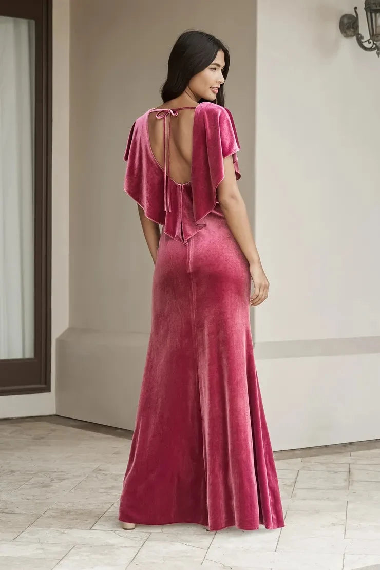 Elegant V-Neck Flutter Sleeve High Slit Rose Pink A-Line Prom Gown