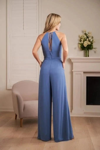 Elegant Wide-Leg Halter Sleeveless Pleated Belted Dusty Blue Floor-Length Prom Dresses