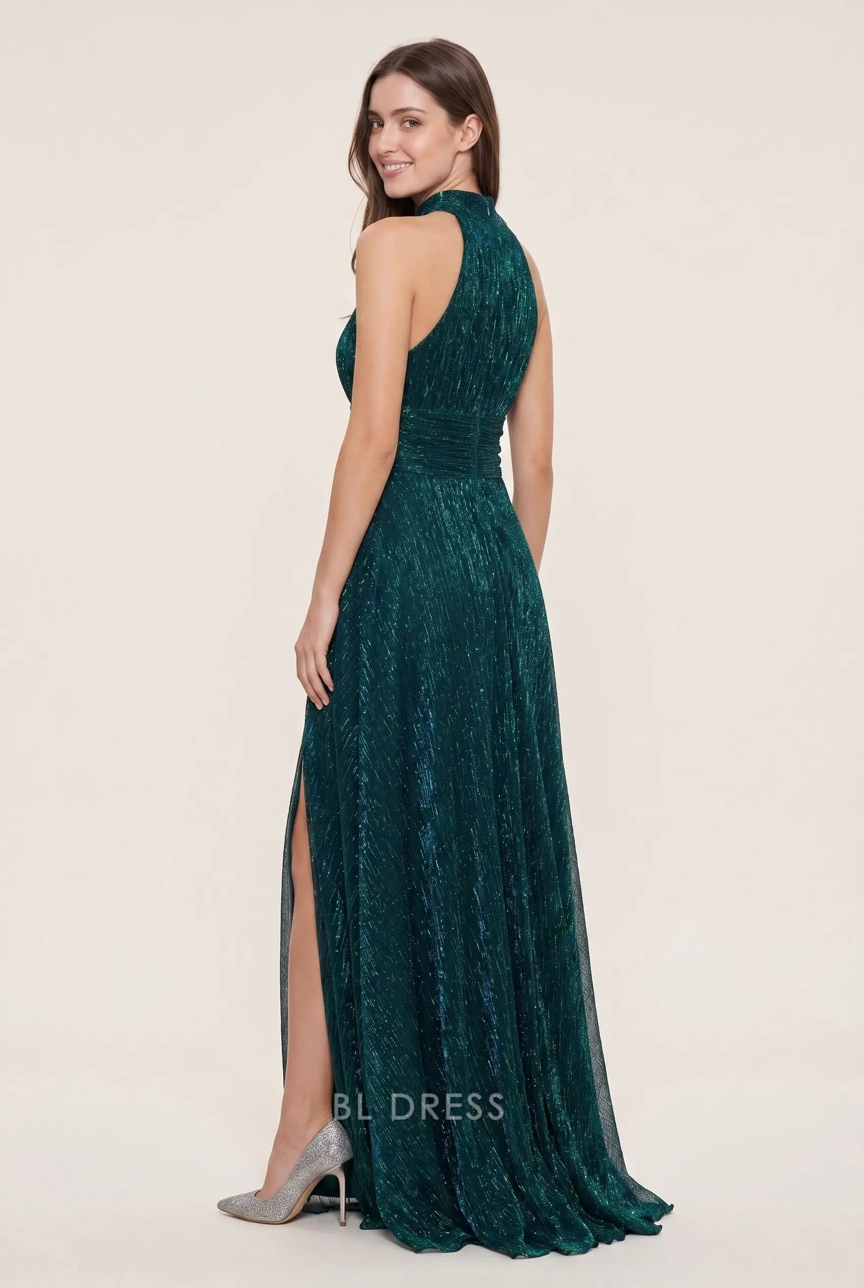 Emerald Green Halter Neck Sleeveless Ruched Waist High Slit Shimmer Floor Length Formal Evening Prom Dress