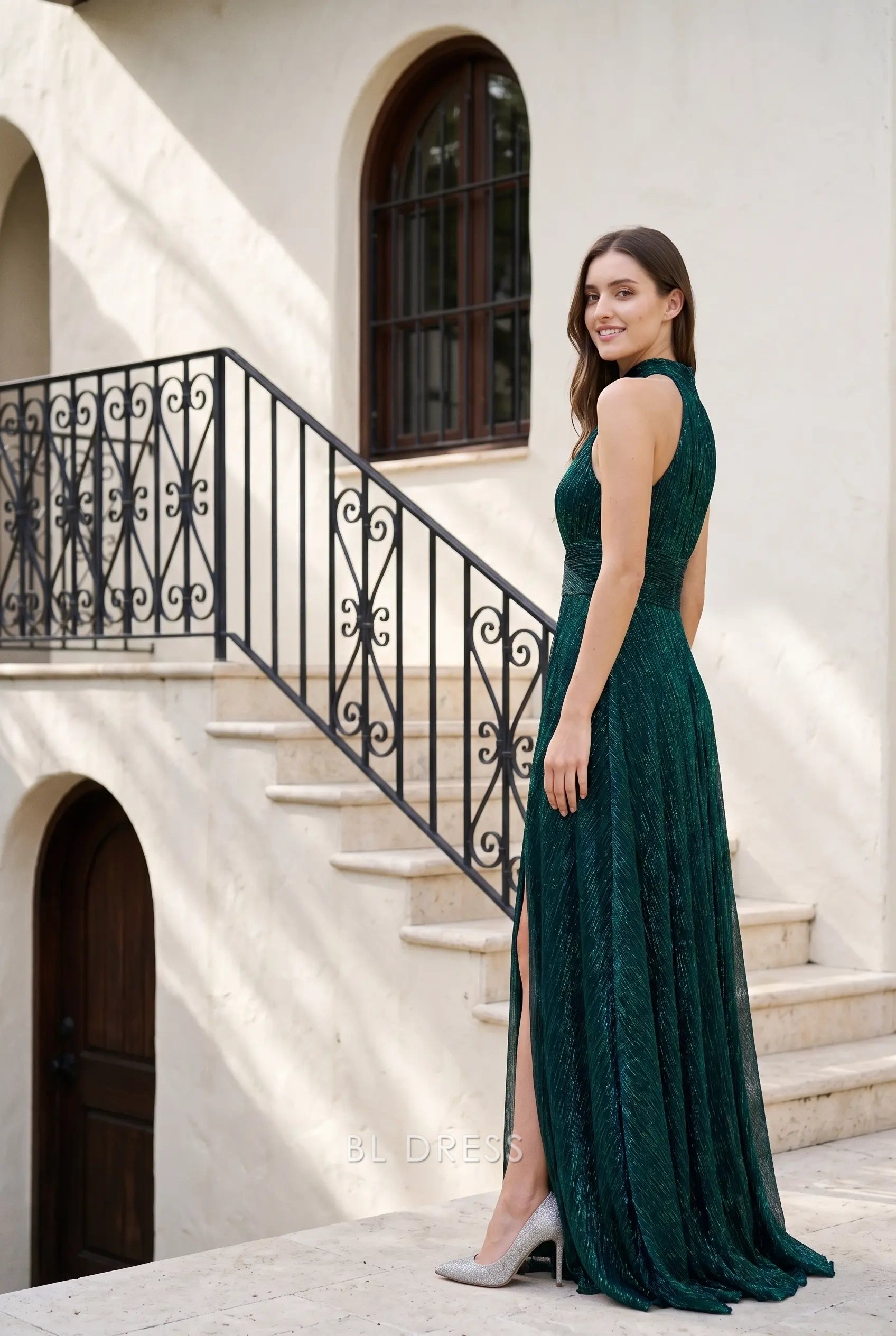 Emerald Green Halter Neck Sleeveless Ruched Waist High Slit Shimmer Floor Length Formal Evening Prom Dress