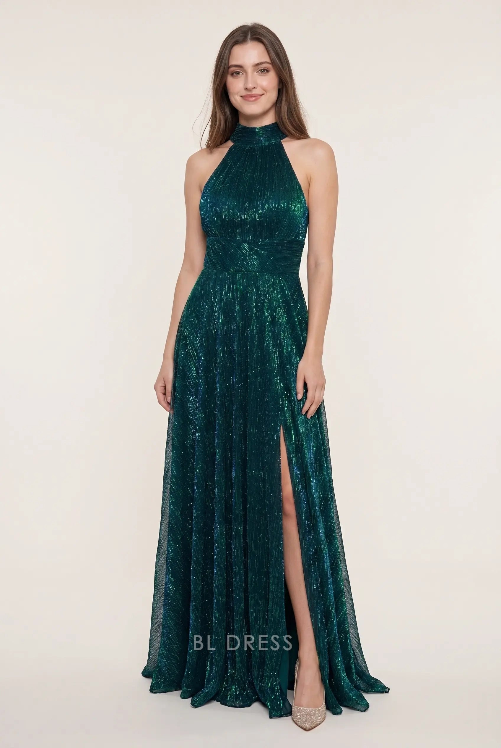 Emerald Green Halter Neck Sleeveless Ruched Waist High Slit Shimmer Floor Length Formal Evening Prom Dress
