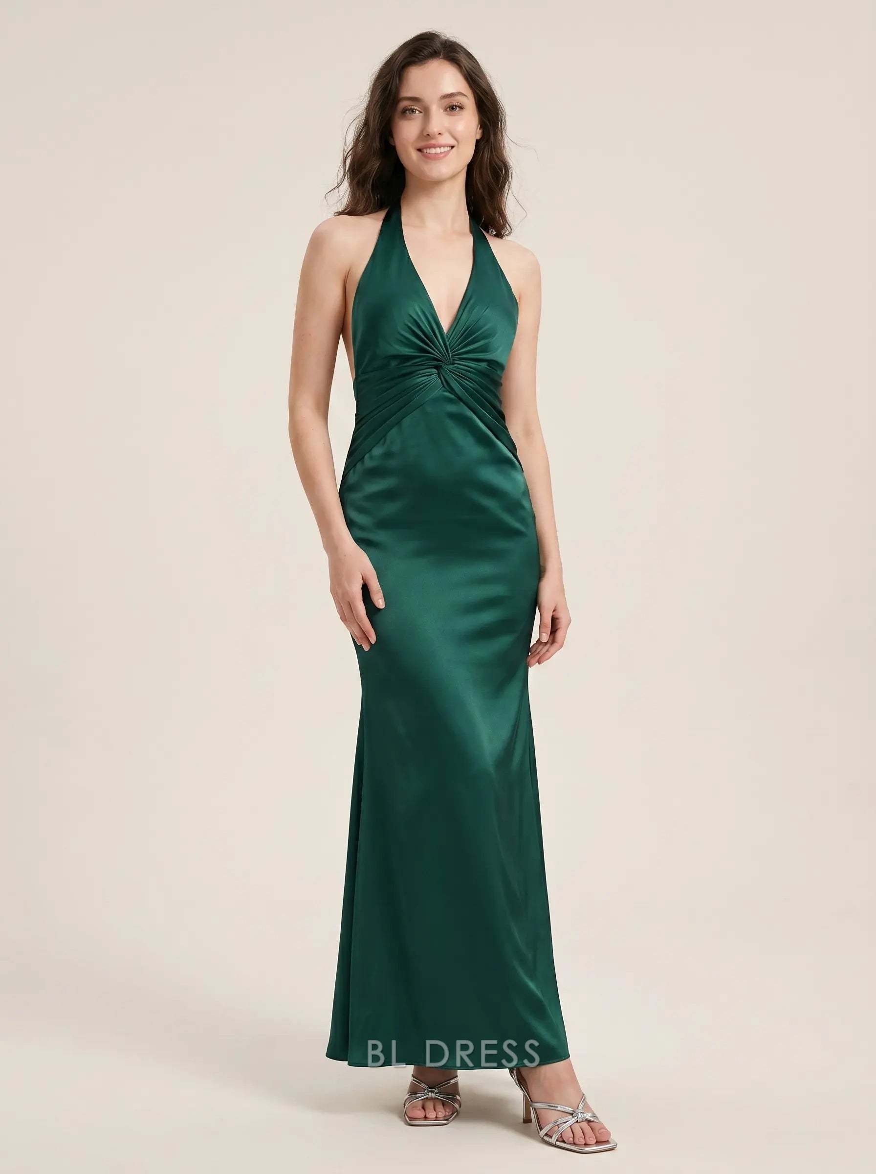 Emerald Green Halter Neck Twist Knot Ruched Satin Mermaid Floor Length Formal Evening Prom Dress