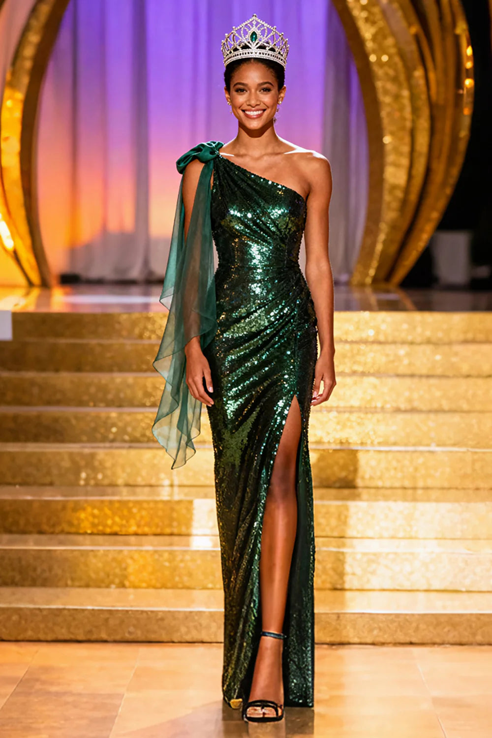 Emerald Green One Shoulder Prom Dress With Bow Detail And High Slit Sequin Mermaid Silhouette For Formal Evening Party