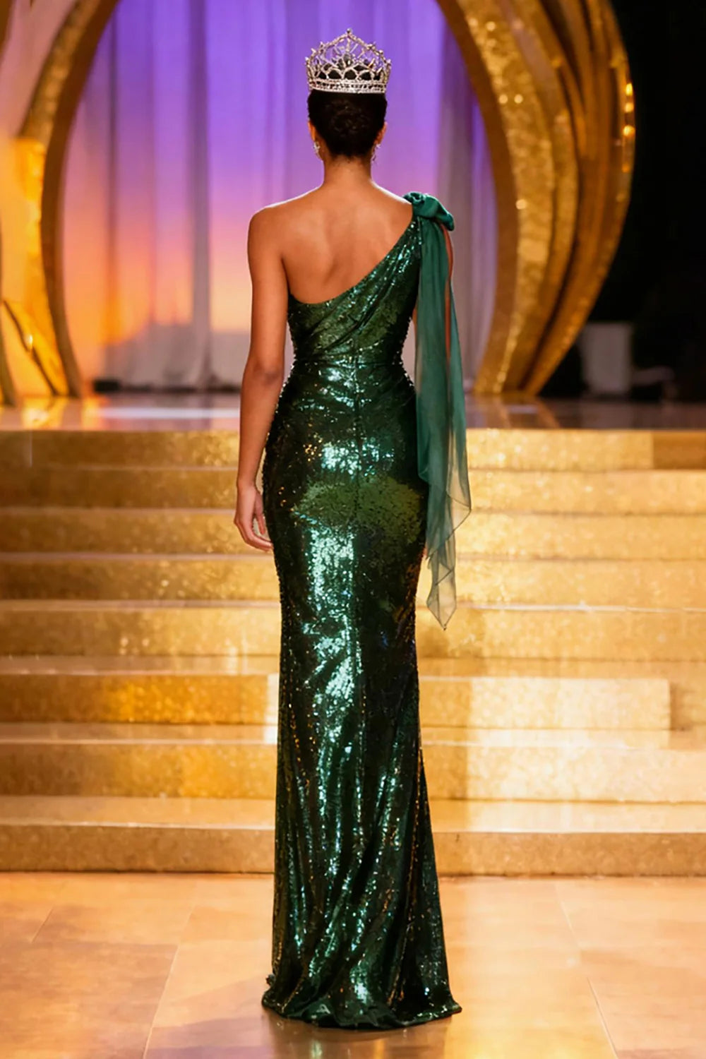 Emerald Green One Shoulder Prom Dress With Bow Detail And High Slit Sequin Mermaid Silhouette For Formal Evening Party
