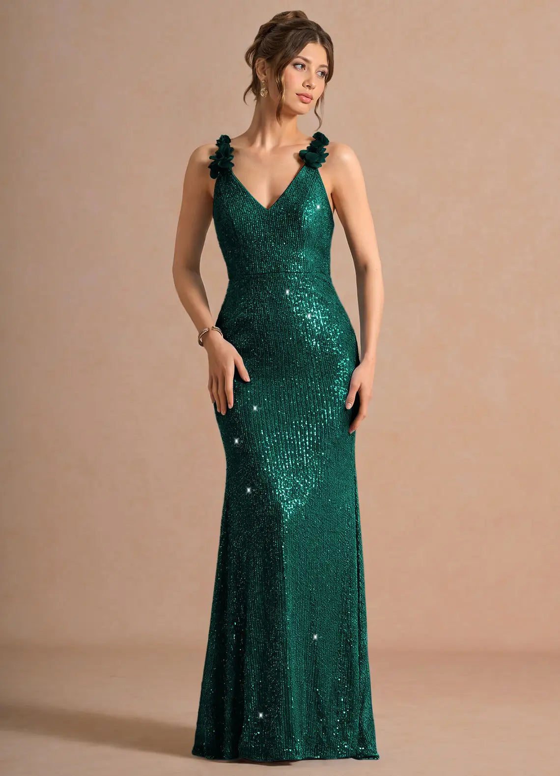 Emerald Green Sequin Mermaid Prom Dress with 3D Floral Back Straps and Deep V Neck for Formal Events and Evening Occasions