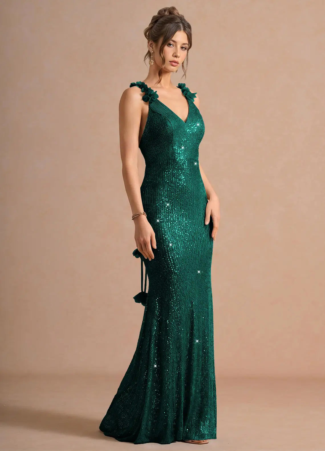 Emerald Green Sequin Mermaid Prom Dress with 3D Floral Back Straps and Deep V Neck for Formal Events and Evening Occasions